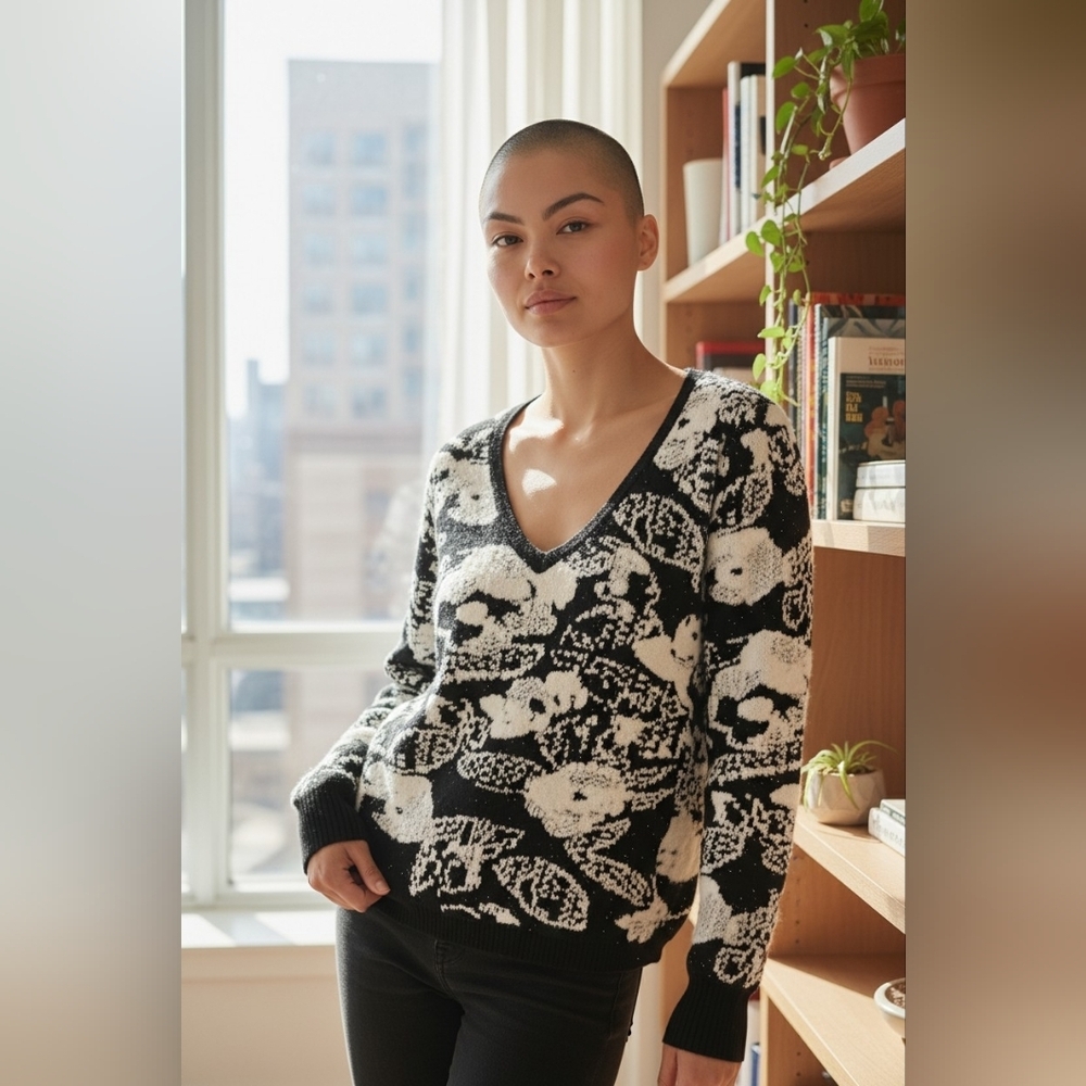 Jason Wu Black & White Print V-Neck Sweater Nylon Blend Size M